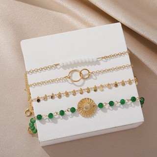 สร้อยข้อมือ ประดับลูกปัด ทรงกลม สีทอง สีขาว สีเขียว สไตล์เรโทร จํานวน 4 ชิ้น