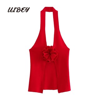 Uibey เสื้อกั๊ก ผ้าถัก ลายดอกไม้ สามมิติ สีพื้น 2696