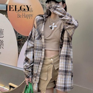 Ielgy เสื้อเชิ้ตผู้หญิง คอปก ลายสก๊อต กลวง เกาะอก หลวม ความยาวปานกลาง สไตล์เกาหลี