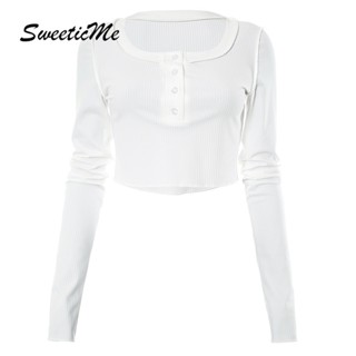 Sweeticme ใหม่ เสื้อครอปลําลอง แขนยาว คอยู ติดกระดุม สีพื้น แฟชั่นสําหรับสตรี 2023