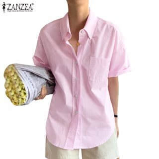 Zanzea เสื้อเชิ้ตแขนครึ่งส่วน ลายทาง สไตล์เกาหลี สําหรับผู้หญิง