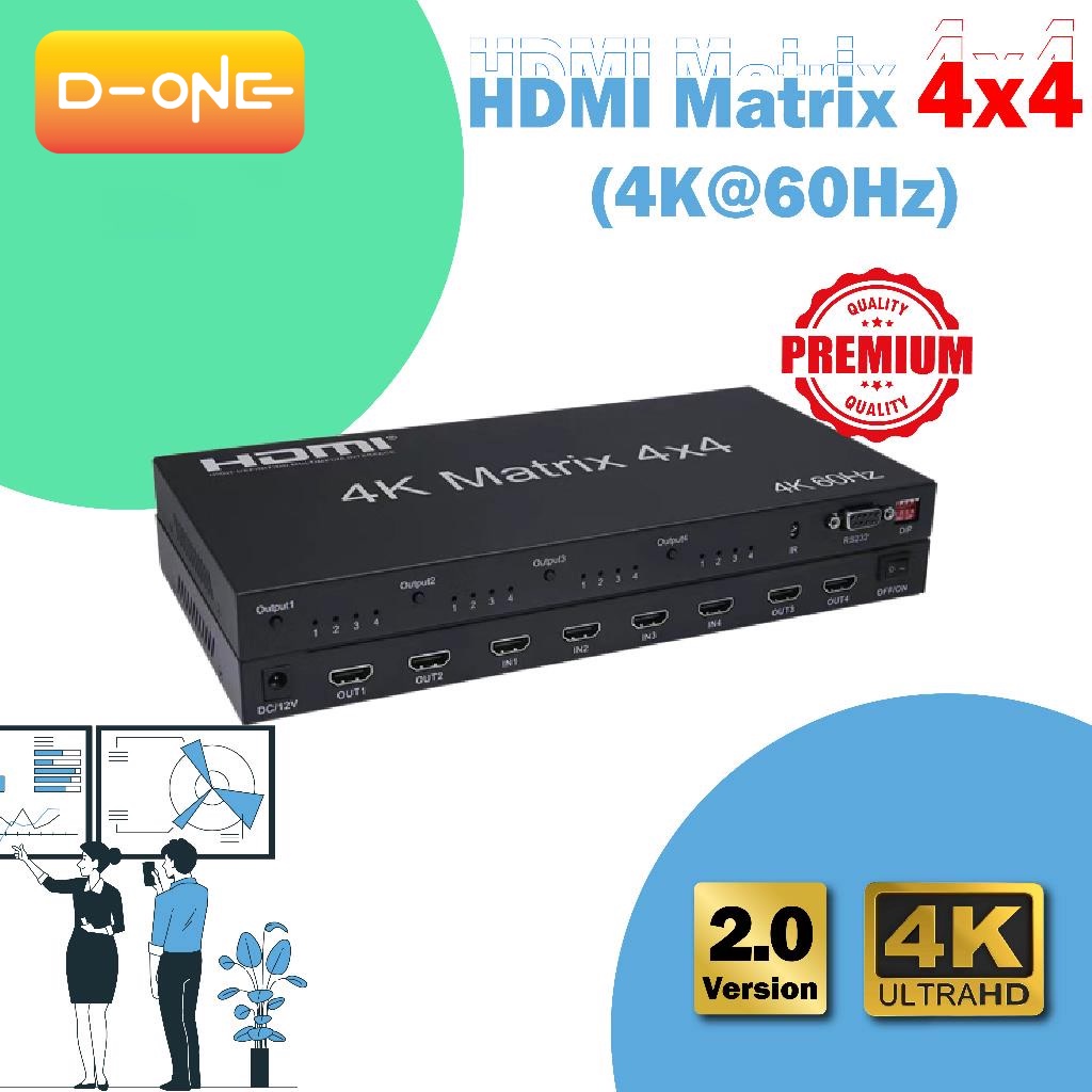 COMMERCIAL USE 2.0V HDMI MATRIX 4X4 (4K/60Hz) (4 in 4 out) SWITCHER + SPLITTER w/ IR Remote Control 
