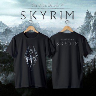 เมย์1  เสื้อยืดครอป Skyrim เสื้อยืด coon 100% ลายโลโก้มังกรสีขาวและดำ