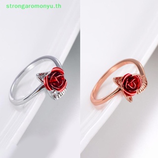 Strongaromonyu แหวนหมั้น รูปดอกกุหลาบ สีแดง ปรับได้ ของขวัญวันวาเลน สําหรับผู้หญิง