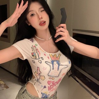 ชุดจั๊มสูทบอดี้สูท คอสี่เหลี่ยม ลายเค้กนม สําหรับสตรี Y2K