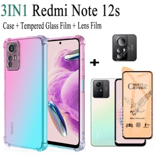 3 in1 Redmi Note 12s Note12 4G 5G เคสโทรศัพท์ กันตกสี่มุม + ฟิล์มกระจกนิรภัย + ฟิล์มเลนส์