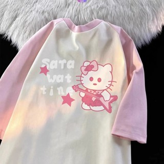 SANRIO ใหม่ เสื้อยืดแขนสั้นลําลอง ผ้าฝ้าย พิมพ์ลาย Hello Kitty ทรงหลวม โอเวอร์ไซซ์ สไตล์ญี่ปุ่น แฟชั่นฤดูร้อน สําหรับผู้หญิง นักเรียน Y2k [RAIN]