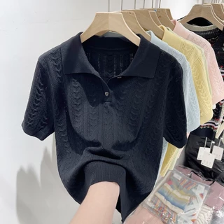 Xiao เสื้อกันหนาว คอปกโปโล แขนสั้น ผ้าเรยอน แว็กซี่ แบบนิ่ม ออกแบบดี แบบบาง เหมาะกับฤดูร้อน สําหรับผู้หญิง DRLU