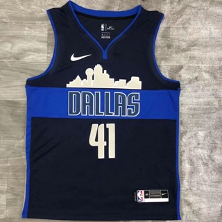 จุด NBA Dallas Mavericks อเนกประสงค์ สําหรับเล่นกีฬา #41 เสื้อกีฬาแขนสั้น ลายทีม Dirk Nowitzki สีน้ําเงินกรมท่า สไตล์เรโทร 367493