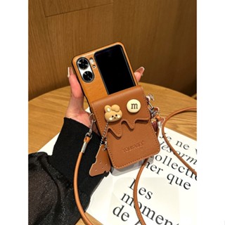 เคสโทรศัพท์มือถือ แบบฝาพับ ลายกระต่ายหู M Bean Brown Cheese พร้อมช่องใส่บัตร สําหรับ Oppo Find N2 Flip 5G Find N2Flip