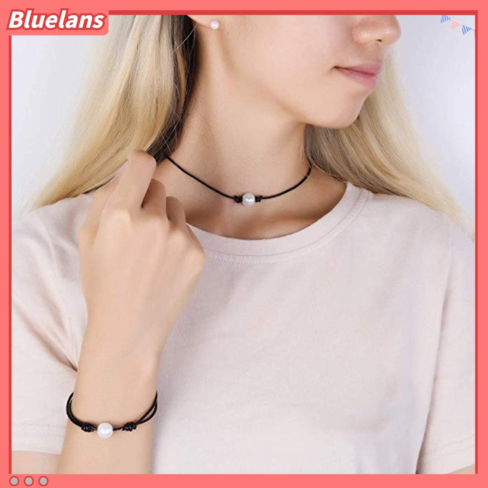 [BLS] ผู้หญิง Minimalist เลียนแบบ Faux Pearl Choker หนัง Faux สร้อยคอเชือกเครื่องประดับ