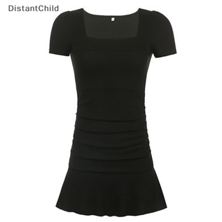 Dsth Ruched Bodycon ชุดเดรสคอเหลี่ยม แขนสั้น ผ้าถัก สไตล์เกาหลี ชุดเดรสลําลอง DSS