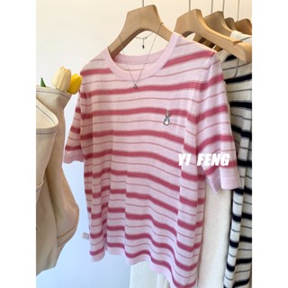 เสื้อกันหนาว แขนสั้น เปิดไหล่ ผ้าเรยอน ปักลายทาง สีชมพู แฟชั่นฤดูร้อน สําหรับผู้หญิง