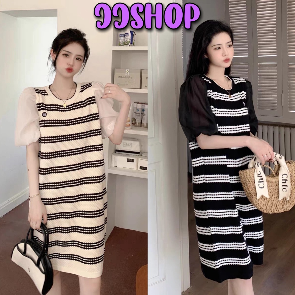 JJ Shop​ ​พร้อมส่ง ชุดเดรสไหมพรมลายทาง แขนชีฟองดีเทลปักM "H396" -C