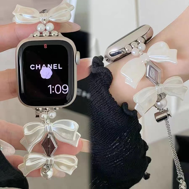 สไตล์สีขาว Bowknot สร้อยข้อมือโลหะสําหรับ iWatch Series 10 9 8 7 6 5 4 3 SE ผู้หญิงสําหรับ Apple Watch 42 มม.46 มม.41 มม.40 มม.38 มม.45 มม.44 มม.49 มม.