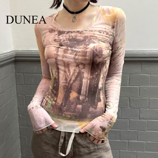 Dunea เสื้อยืด แขนยาว ผ้าตาข่าย พิมพ์ลายแอปสแตรกท์ สไตล์วินเทจ สําหรับผู้หญิง