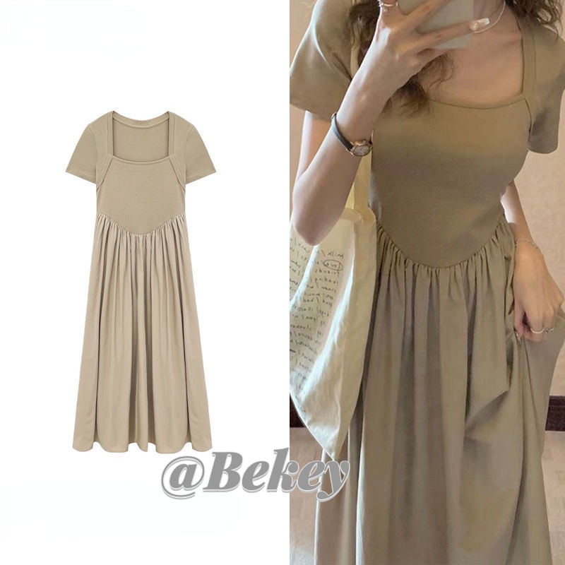 【ประเทศไทยจัดส่ง & จุด】เดรสคอเหลี่ยมเอวสูง👗 กระโปรงแฟชั่นผู้หญิงฤดูร้อนสไตล์เกาหลี สไตล์ความยาวปานกลางอารมณ์ใหม่ปี 2023