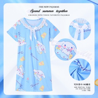 Spot second hair# Childrens nightgown girls pajamas summer short sleeve baby thin lace skirt little girl cartoon medium and large childrens home wear 8cc