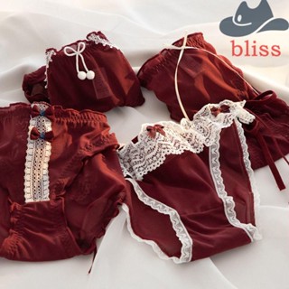 Bliss กางเกงชั้นใน ผ้าตาข่าย แต่งลูกไม้ ประดับโบว์ สีไวน์แดง สําหรับผู้หญิง