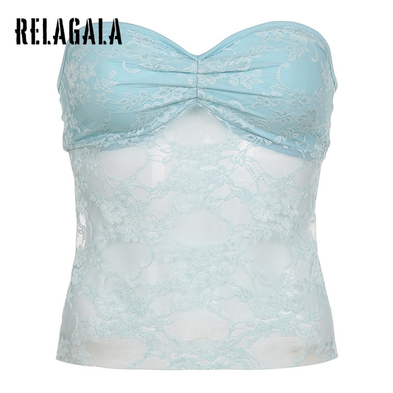 RelaGala ลูกไม้แฟชั่นใหม่ของผู้หญิงดูผ่านสายรัดเชือกแขวนคอเซ็กซี่ Dopamine Tube Top