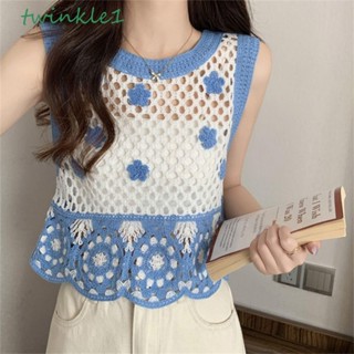 Twinkle1 เสื้อครอปท็อป ผ้าฝ้ายถัก ลายดอกไม้ สไตล์เกาหลี แฟชั่นฤดูร้อน