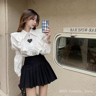 ชุดเสื้อเชิ้ตกระโปรงสั้น เอวสูง จับจีบ สีขาว สีดํา สําหรับสตรี 2023