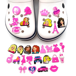 การ์ตูนเจ้าหญิง Jibits Crocs สีชมพู ตุ๊กตาบาร์บี้ Jibbits เสน่ห์ กุทัณฑ์ มงกุฎ Jibitz Crocks สําหรับผู้หญิง รองเท้า อุปกรณ์เสริม จี้รองเท้า หมุดตกแต่ง