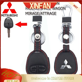 Xinfan เคสกุญแจรีโมตรถยนต์ หนังวัวแท้ สีดํา พร้อมด้ายสีแดง สําหรับ Mitsubishi Lancer Ex Pajero Triton Miraage Antrage Space Wagon