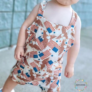 Babyclothes-4th of July ชุดจั๊มสูทรอมเปอร์ แขนกุด คอกลม พิมพ์ลายธงนกอินทรี ธงดาว แฟชั่นฤดูร้อน สําหรับเด็กผู้ชาย และเด็กผู้หญิง