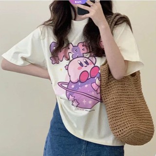 เสื้อยืดแขนสั้นลําลอง ผ้าฝ้าย แบบบาง พิมพ์ลายการ์ตูนอนิเมะ Star Kirby ทรงหลวม โอเวอร์ไซซ์ แฟชั่นฤดูร้อน สําหรับผู้หญิง [RAIN]