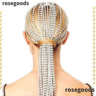 Rosegoods1 เครื่องประดับผม โซ่ยาว ประดับคริสตัล พลอยเทียม แฟชั่นโรแมนติก สําหรับเจ้าสาว