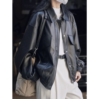 [New autumn] Early Autumn New Korean style street retro PU leather jacket jacket loose profile casual black motorcycle jacket female 99LA