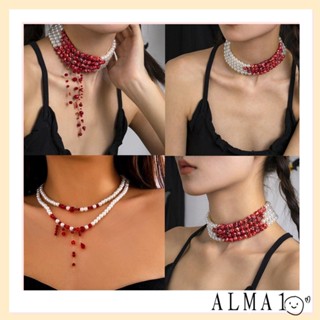 Alma สร้อยคอไข่มุกเทียม หลายชั้น สีแดง เครื่องประดับ ของขวัญฮาโลวีน สําหรับผู้หญิง ปาร์ตี้ฮาโลวีน คอสเพลย์