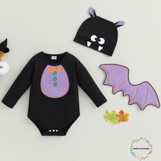 Babyclothes- ชุดรอมเปอร์ แขนสั้น พิมพ์ลายฮาโลวีน พร้อมหมวก และปีกค้างคาว สีดํา สําหรับเด็กผู้หญิง 3 ชิ้น