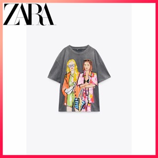 Zara ใหม่ เสื้อยืดลําลอง แขนสั้น พิมพ์ลาย สําหรับสตรี