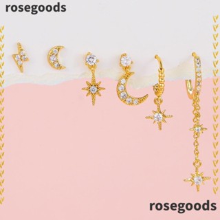 Rosegoods1 ต่างหูห่วงโซ่ เครื่องประดับผู้หญิง จี้ดาว ดวงจันทร์ กระดูกอ่อน ต่างหู