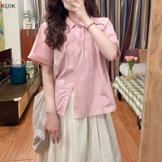 Kuik ชุดเสื้อเชิ้ตแขนสั้น กระโปรงทรงเอ ทรงหลวม สีพื้น สีชมพู แฟชั่นฤดูร้อน สําหรับผู้หญิง