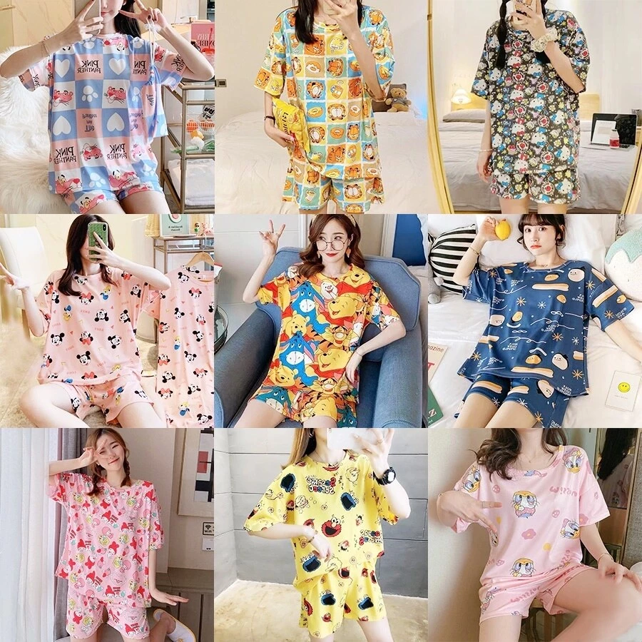 🔥ราคาพิเศษ🔥 ชุดนอน คอกลมเสื้อแขนสั้น+ขาสั้น ลายการ์ตูน ผ้าคอตตอน มีหลายลายให้เลือก ผ้าดี ฟรีไซส์