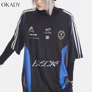 OKADY เสื้อยืดแขนสั้นคอกลมแห้งเร็วสไตล์อเมริกันมอเตอร์ไซค์สําหรับผู้ชายและผู้หญิง