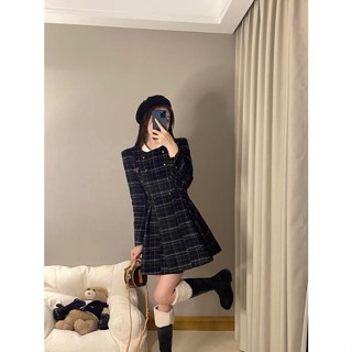 8DLF PRA * A 2023 autumn and winter New letter triangle logo decorative woolen plaid dress womens coat Plaid