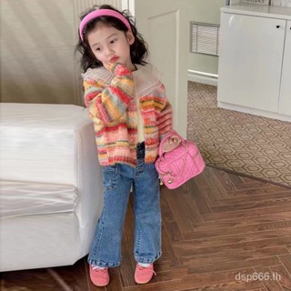 Korean style childrens clothing 2023 Autumn New girls colorful striped knitted sweater cardigan bottoming shirt jeans set WGIV