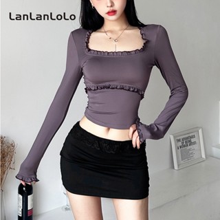 Lanlanlolo เสื้อครอปลําลอง แขนยาว คอยู แต่งระบาย เข้ารูป สีพื้น แฟชั่นสําหรับสตรี 2023