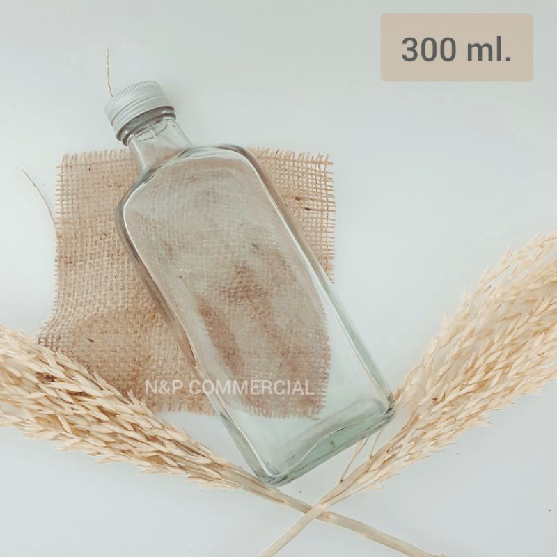 ขวดน้ำบอกเวลา ขวดแก้วแบนทรงสูง 300ml.พร้อมฝาอลูมิเนียมเกลียวหมุน 28mm. [Code : TG306]