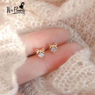 We Flower ต่างหูสตั๊ด ทอง 14K ประดับโบว์ เพทาย ขนาดเล็ก น่ารัก หรูหรา เครื่องประดับ สําหรับผู้หญิง