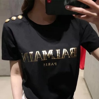 PZQ6 BALMAIN 2023ss Spring/Summer New Balman short sleeve shoulder gold buckle gilding letter cotton T-shirt for couples