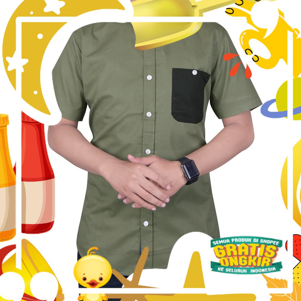 KEMEJA HIJAU 123 Fox Distro เสื้อเชิ้ตลําลองผู้ชายแขนสั้นกองทัพสีเขียวธรรมดากระเป๋าสีดําทรงเข้ารูปอิ