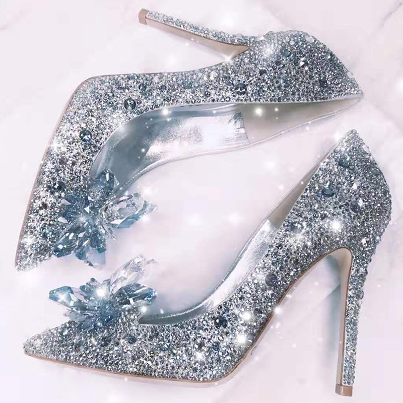 Cinderella รองเท้า Rhinestone รองเท้าส้นสูงผู้หญิงปั๊ม Pointed toe ผู้หญิงคริสตัลงานแต่งงานรองเท้า 9 ซม.