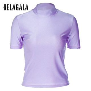 Relagala เสื้อแขนสั้นลําลอง ดูดซับเหงื่อ เข้ารูป สีพื้น แฟชั่นใหม่ สําหรับผู้หญิง 2023