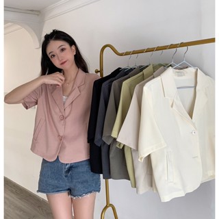 Suxi เสื้อแจ็กเก็ตสูท คอปก แขนสั้น สีพื้น สไตล์เรียบง่าย สําหรับผู้หญิง