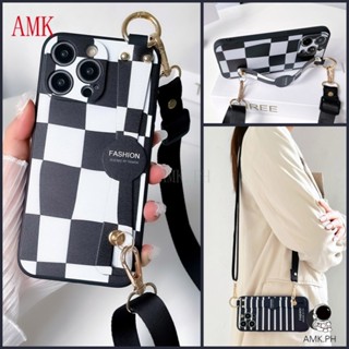 Amk เคสโทรศัพท์มือถือแบบใส กันกระแทก ลายตาราง สีดํา พร้อมสายคล้องข้อมือ สําหรับ Redmi A1 12C 11A 10C 10A 9C NOTE 10 10S 11 11S PRO+ 11T 12 9S 9 9T 5 7 6 PRO PLUS 4G 5G 9A 7A 6A GNCWD